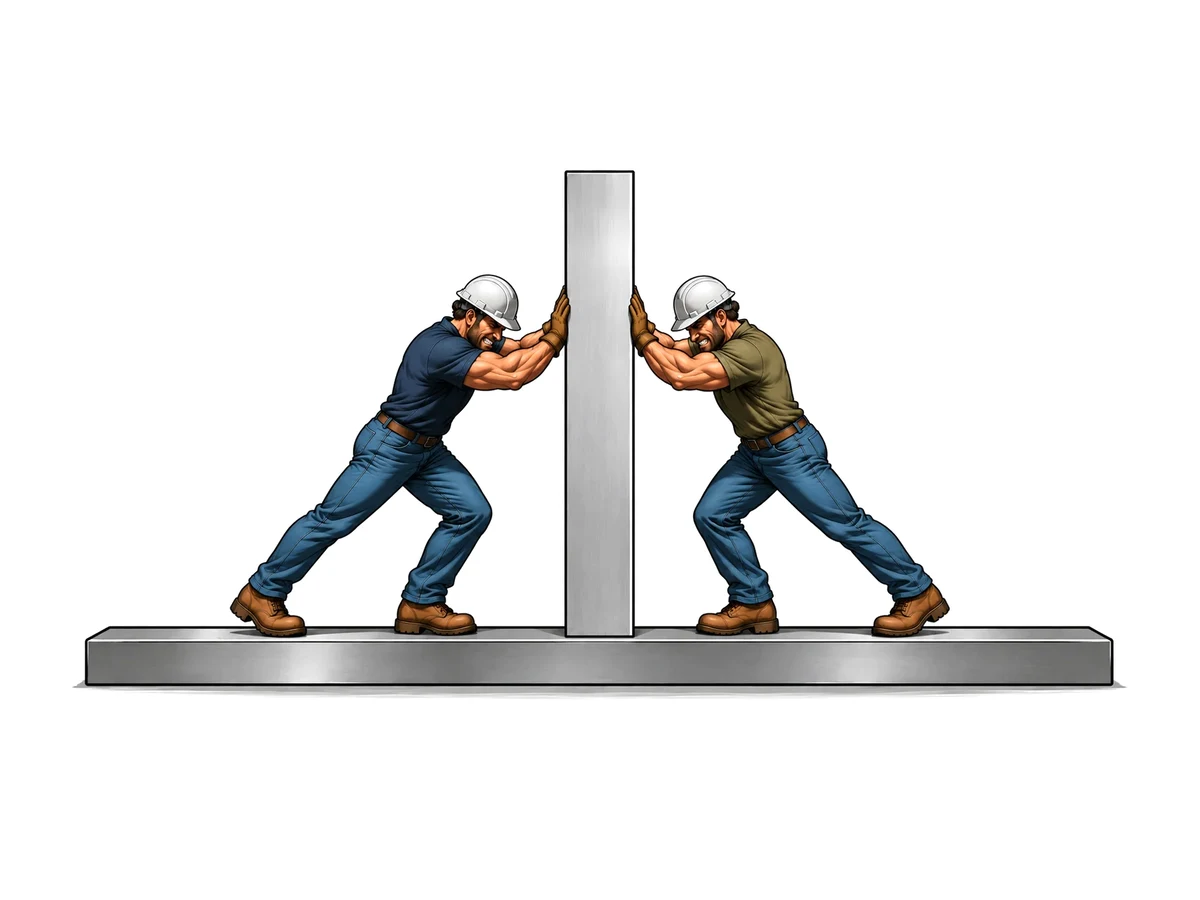 Drawing: two workers brace an upright plate from both sides, standing for fillet welds on both sides of the web