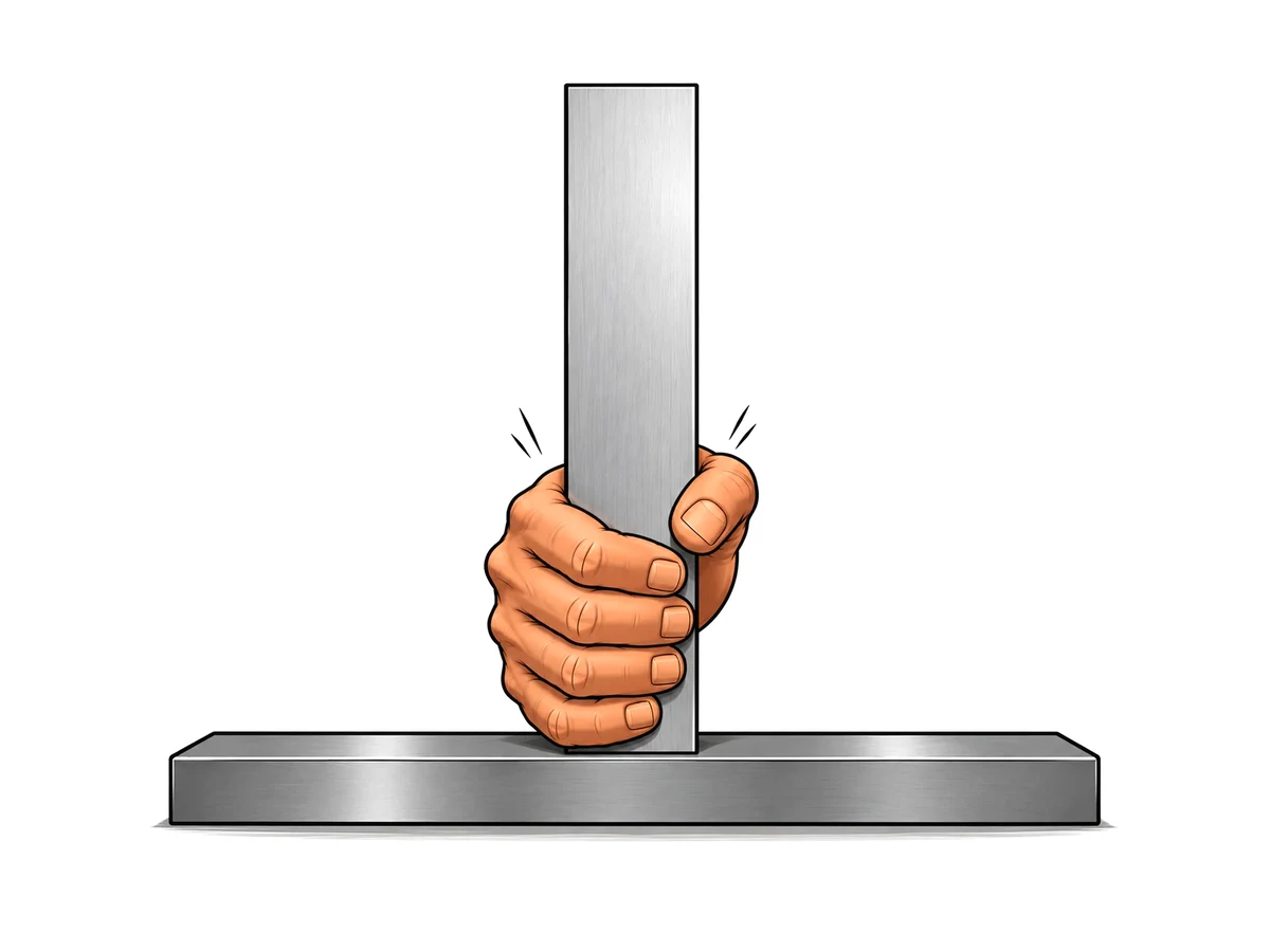 Drawing: one hand grips an upright plate at its base, standing for a full-pen weld
