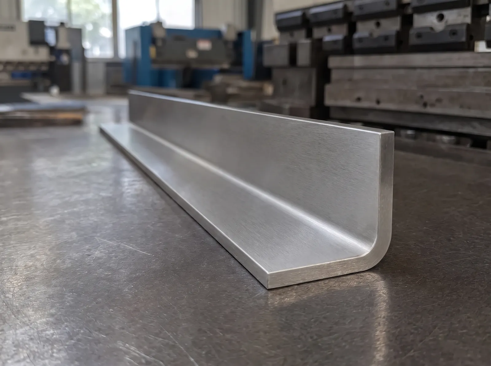 Stainless bent-plate angle with a large rounded bend, on a steel work table