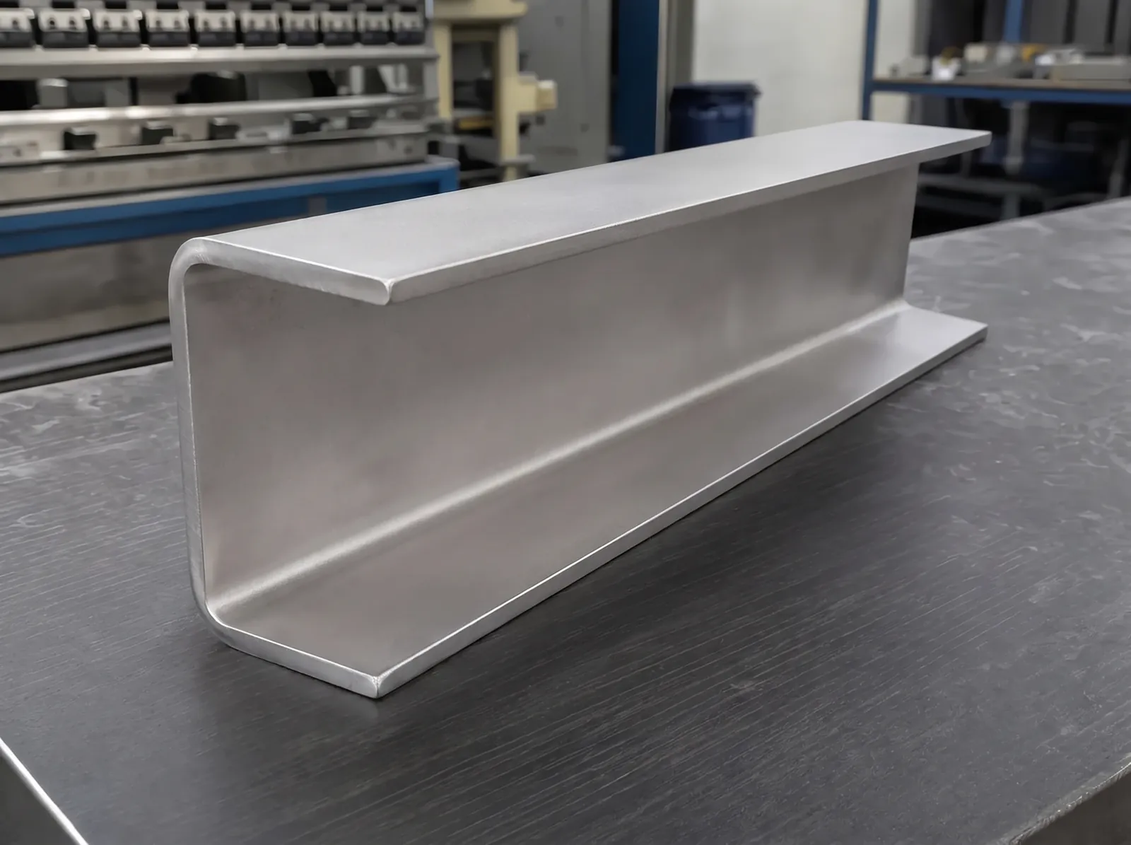 Stainless structural channel formed from bent plate, 316 mill finish, on a steel work table