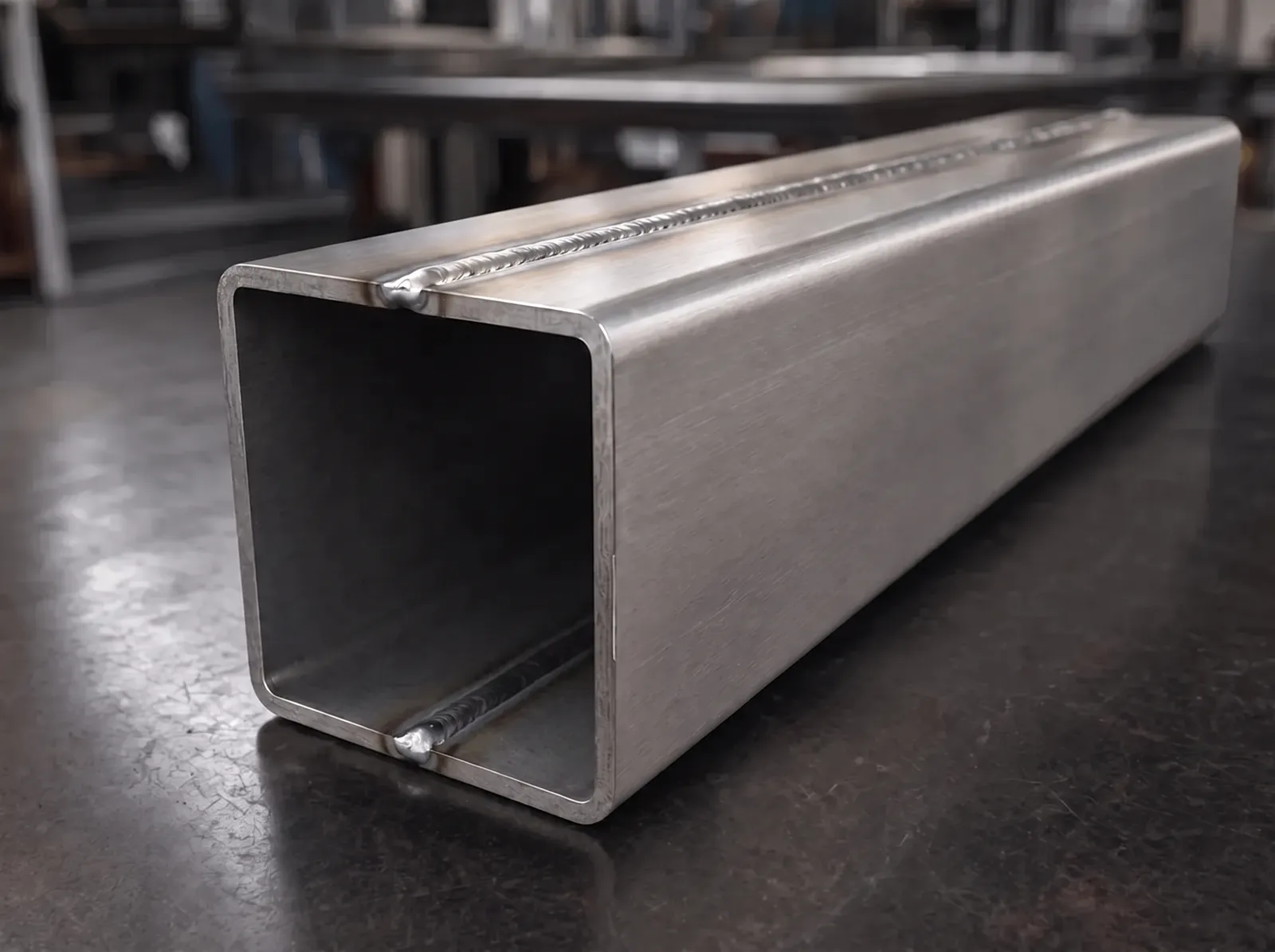 Stainless square HSS fabricated from two bent plates, continuous seam welds on the top and bottom faces, 316 mill finish