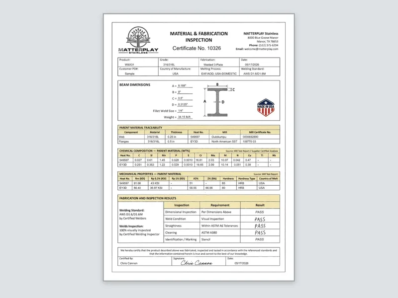 Matterplay Material and Fabrication Inspection certificate No. 10326