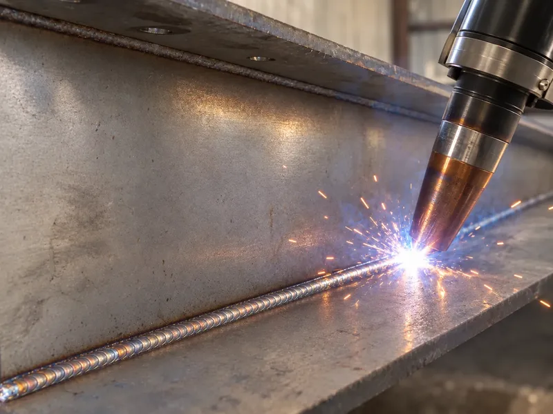 Automatic machine welding a continuous fillet weld at the flange-to-web junction of a stainless beam